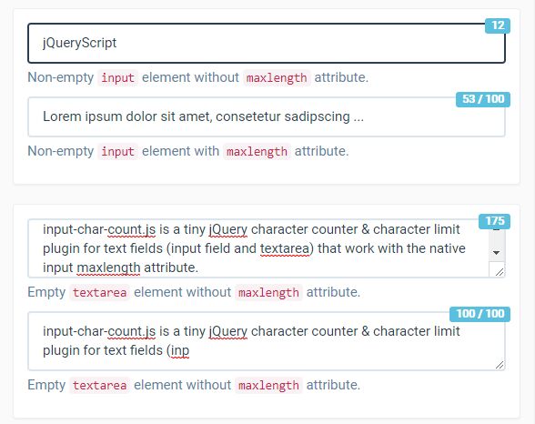 Simple Character Counter For Text Fields - jQuery input-char-count.js