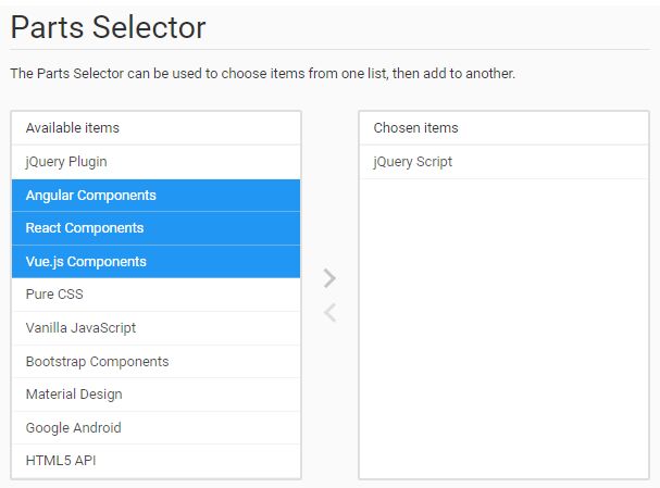 Animated Dual Multi Select Plugin With jQuery - Parts Selector