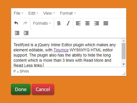 Make Element Editable With Tinymce Support - jQuery Textifyed