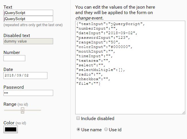 Get And Set Form Values Using JSON Object - jQuery input-values.js