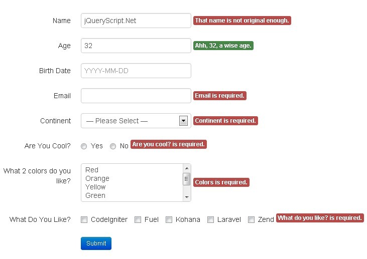 HTML5 Form Validation Plugin For jQuery - formvalidate