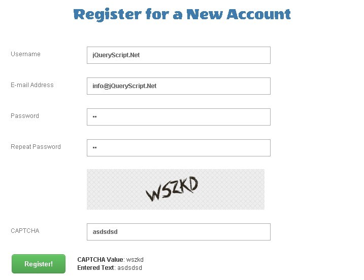 HTML5 Signup Form with Dynamic Captcha