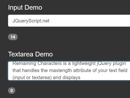 Remaining Character Counter jQuery Plugin For Text Fields