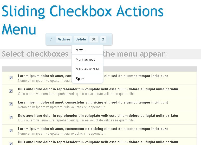 Sliding Checkbox Actions Menu
