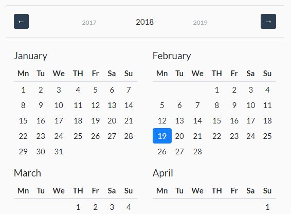 Customizable Year Calendar Plugin For Bootstrap 4