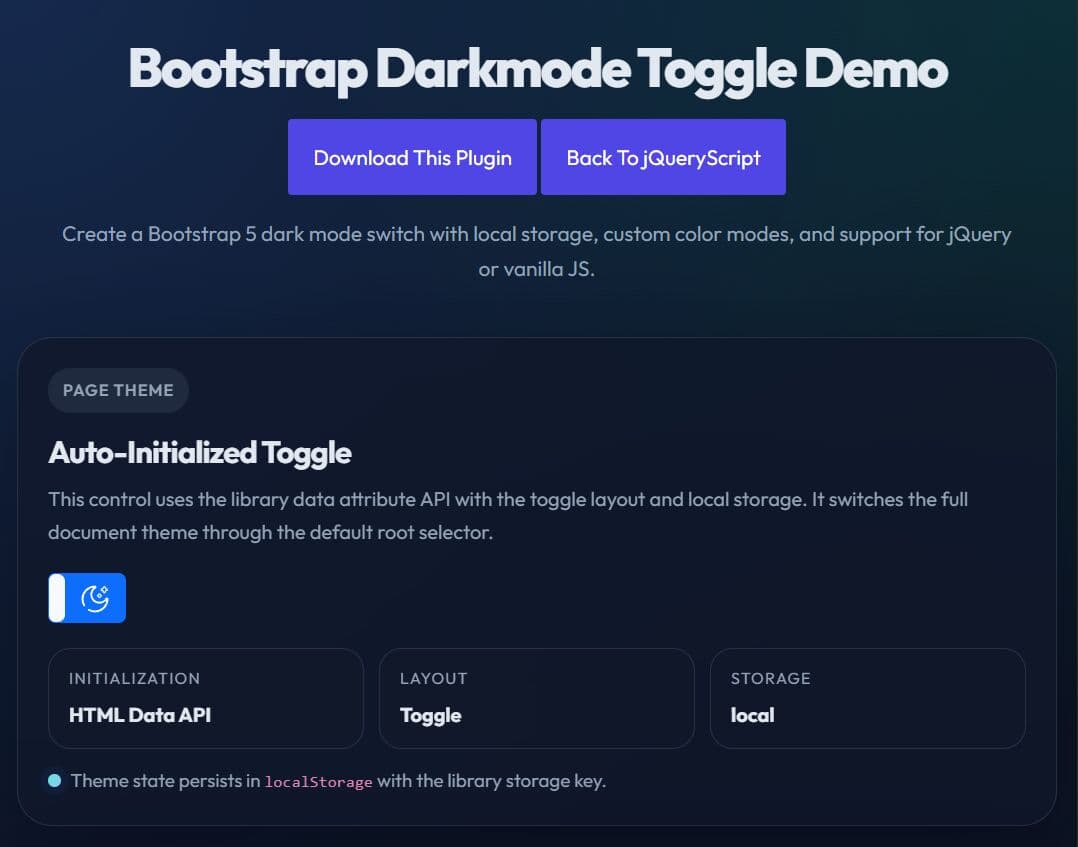 jQuery & Vanilla JS Dark Mode Toggle Plugin for Bootstrap 5