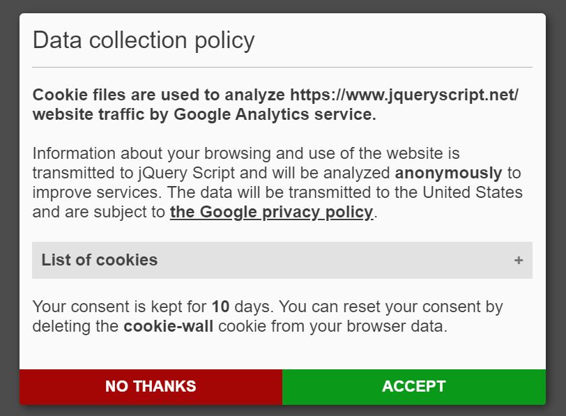 GDPR Compliant Google Analytics Embed Plugin - jQuery cookieWall