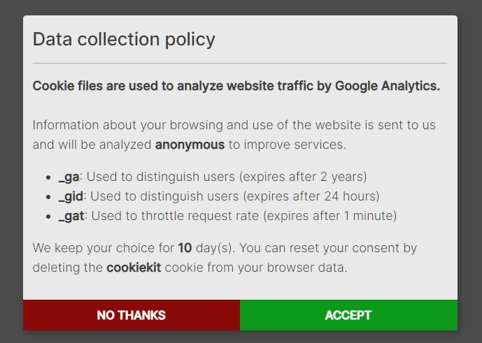 GDPR and Cookie Consent Modal for Google Analytics - jQuery CookieKit