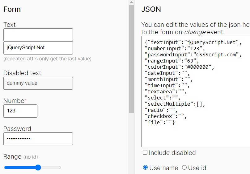 Set & Get Form Values Using JSON - jQuery input-value