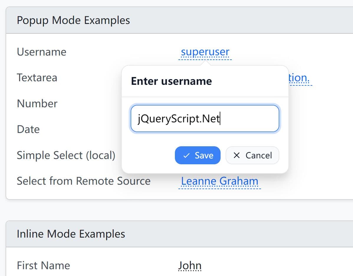 Modern In-Place Editing Library w/wo/ jQuery - XEditable Lite