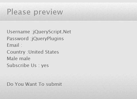 jQuery Plugin For Lightbox-Like Form Data Preview Box - previewForm