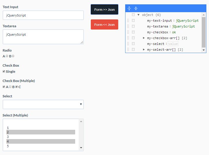 JSON To Form And Form To JSON Converter - jQuery jform