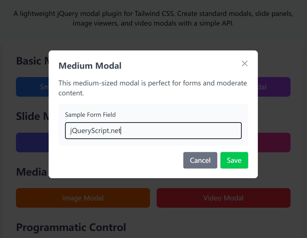 Modern, Customizable jQuery Modal Plugin for Tailwind CSS
