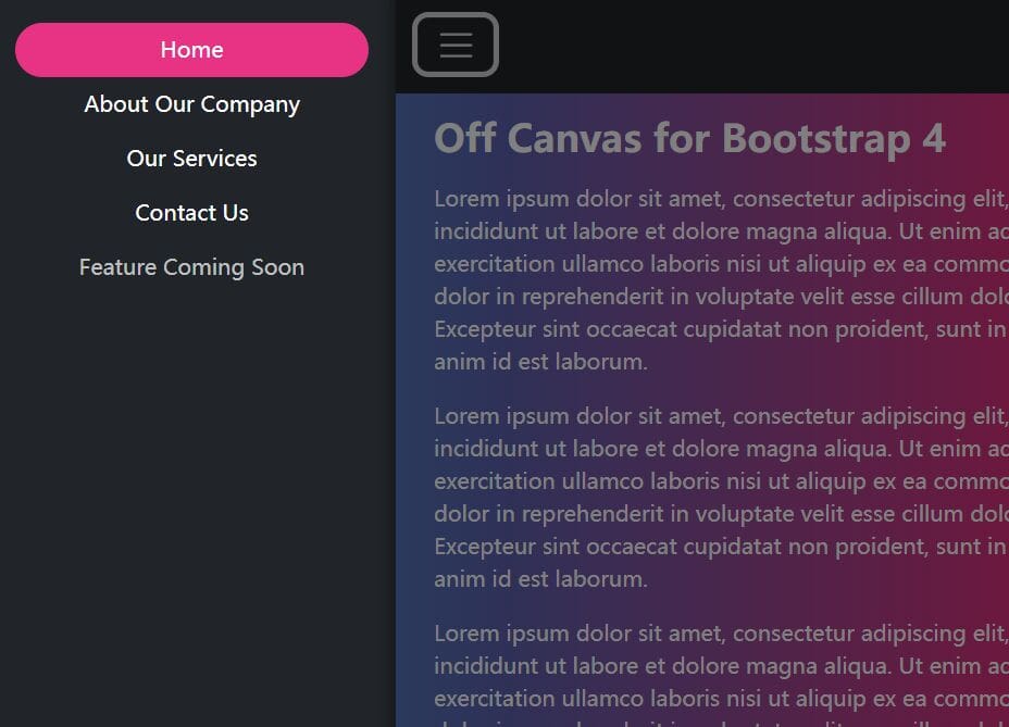 Bootstrap 5/4 Off Canvas push menu component