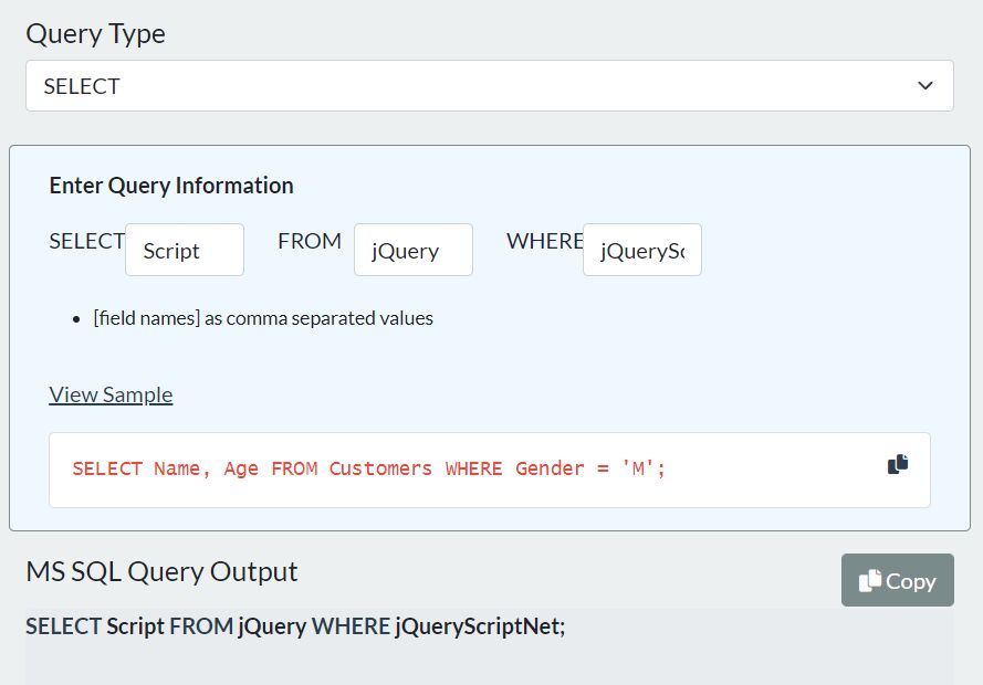 MS SQL & MySQL Query Generator With jQuery