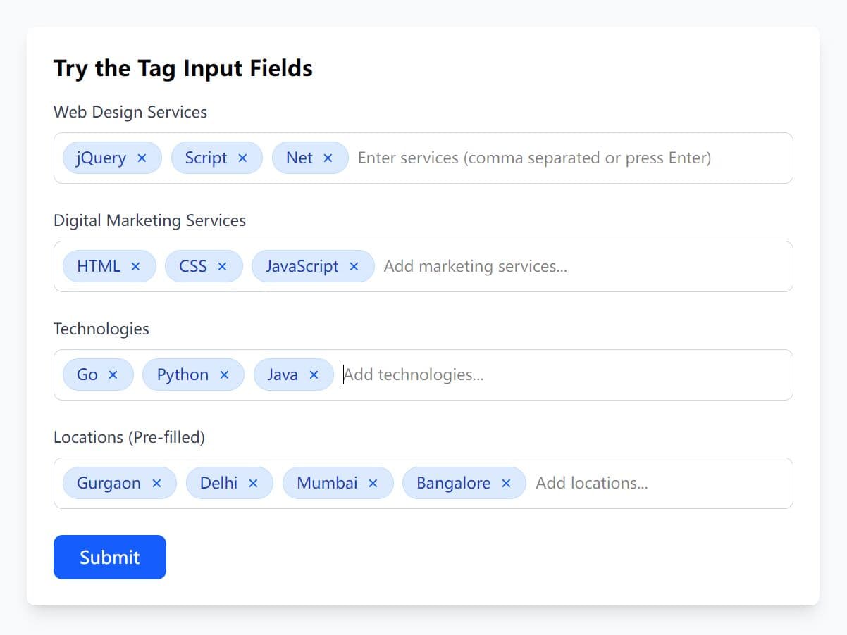 Modern jQuery Tags Input System Styled with TailwindCSS